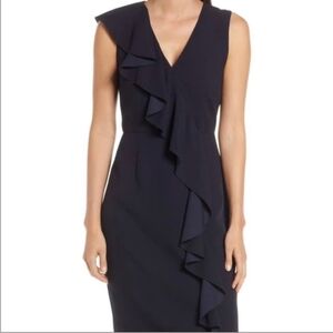 J. McLaughlin Navy Ruffle Midi Dress Sheath Preppy Classic Size 10